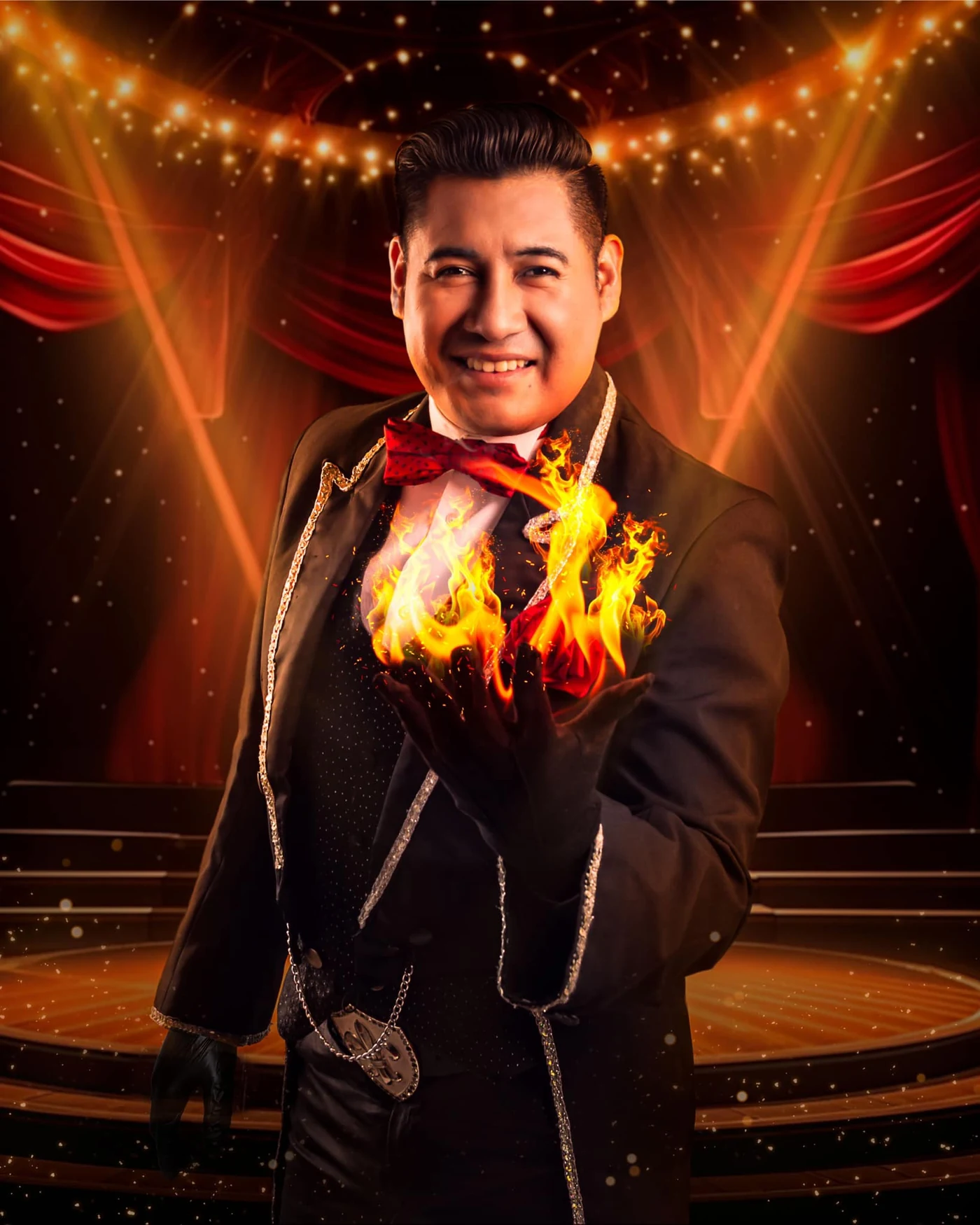 Mago Eikim con sombrero y efectos de fuego, sobre escenario naranja