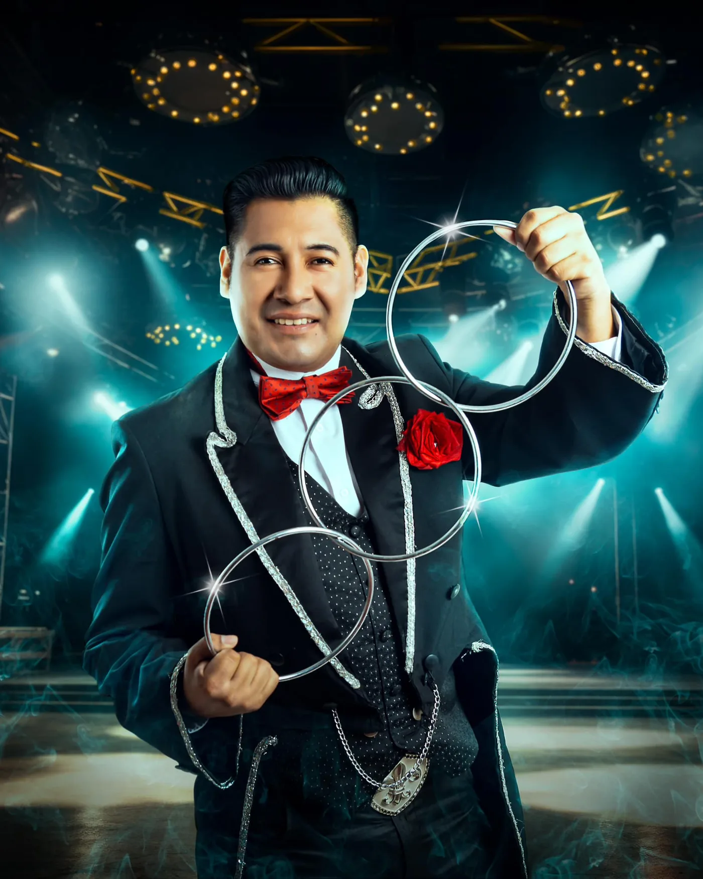 Mago Eikim realizando una ilusión con aros