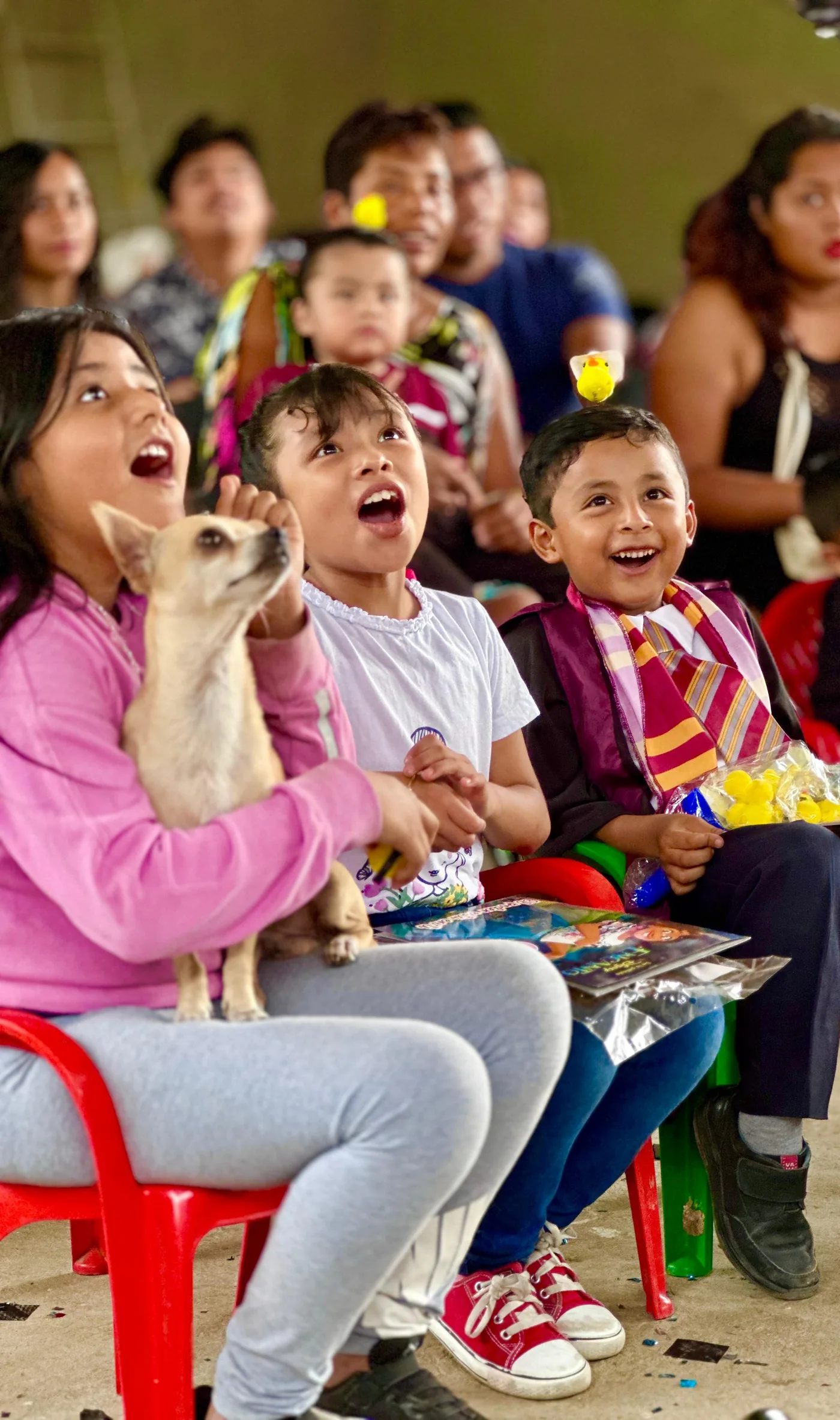 Niños participando en el show junto a un conejo